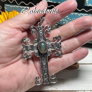 Labradorite Cross Pendant Handmade Gemstone Crystal Silver Overlay Boho Large
